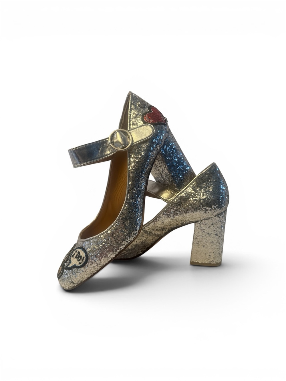 RARE Love Moschino Silver Glitter Mary Janes Heel with Embroidered Accent 8